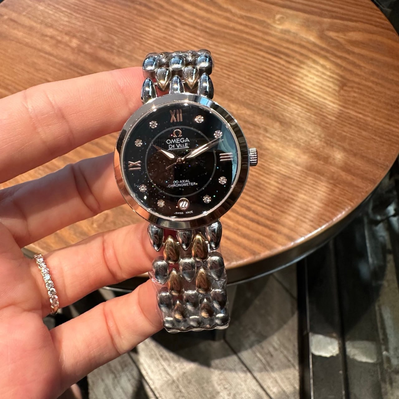 Omega De Ville Prestige Co-Axial Chronometer Black Starry Sky Dial Diamond Markers Roman Numerals Rose Gold Hands Panther Bracelet Ladies Watch (Custom)
