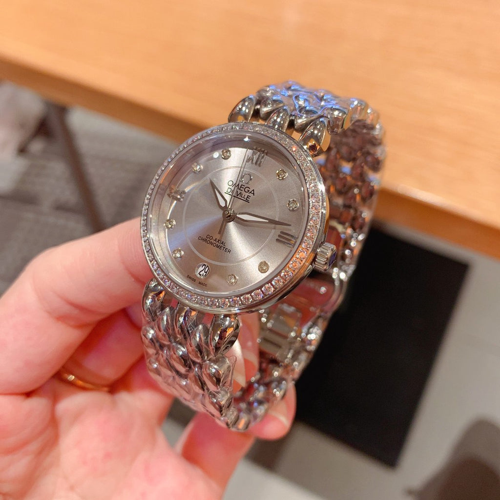 Omega De Ville Prestige Co-Axial Chronometer Silver Mother-of-Pearl Dial Diamond Bezel Diamond Markers Blue Cabochon Crown Panther Bracelet Ladies Watch (Custom)