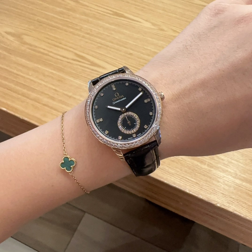 Omega De Ville Prestige Black Dial Diamond Bezel Diamond Hour Markers Small Seconds Rose Gold Case Black Crocodile Leather Strap Ladies Watch (Custom)