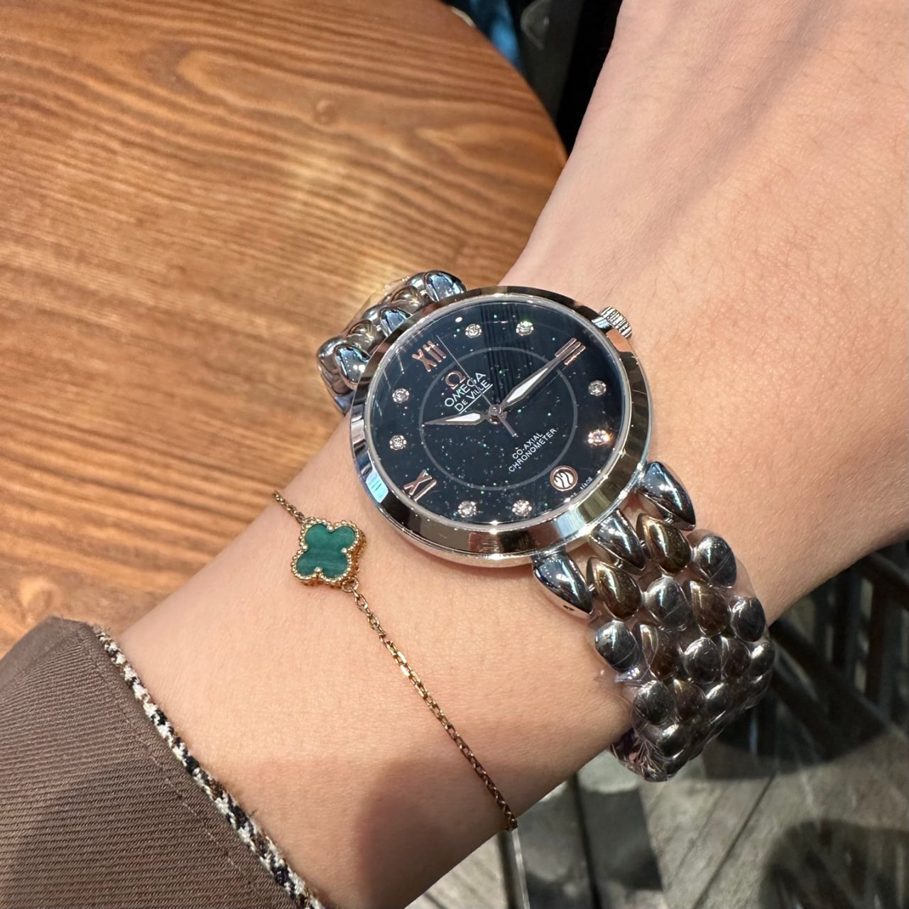 Omega De Ville Prestige Co-Axial Chronometer Black Starry Sky Dial Diamond Markers Roman Numerals Rose Gold Hands Panther Bracelet Ladies Watch (Custom)