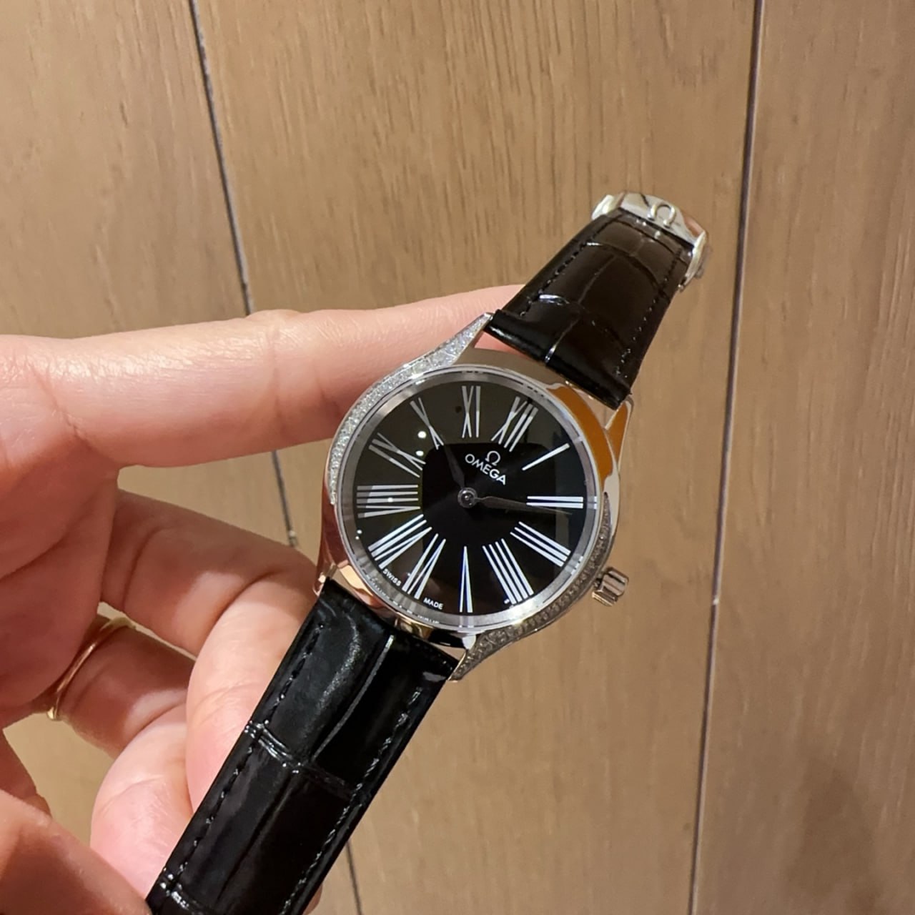 Omega De Ville Trésor Black Dial Diamond Bezel Roman Numeral Black Crocodile Leather Strap Ladies Watch (Custom)