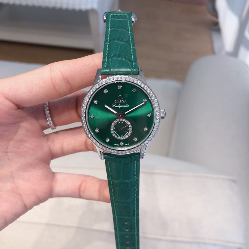Omega De Ville Ladymatic Emerald Green Dial Diamond Bezel Diamond Hour Markers Small Seconds Green Crocodile Strap Ladies Watch (Custom)