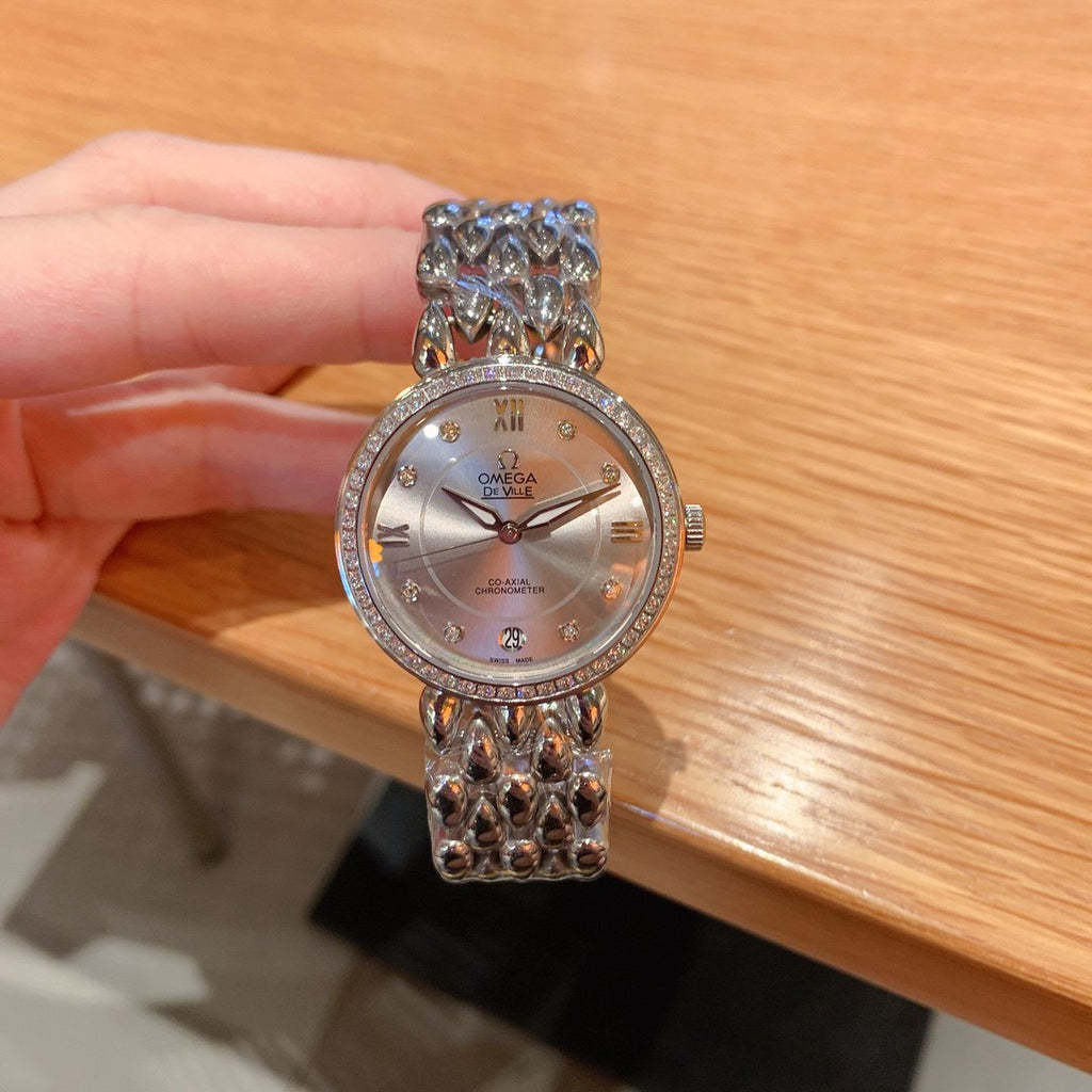 Omega De Ville Prestige Co-Axial Chronometer Silver Mother-of-Pearl Dial Diamond Bezel Diamond Markers Blue Cabochon Crown Panther Bracelet Ladies Watch (Custom)