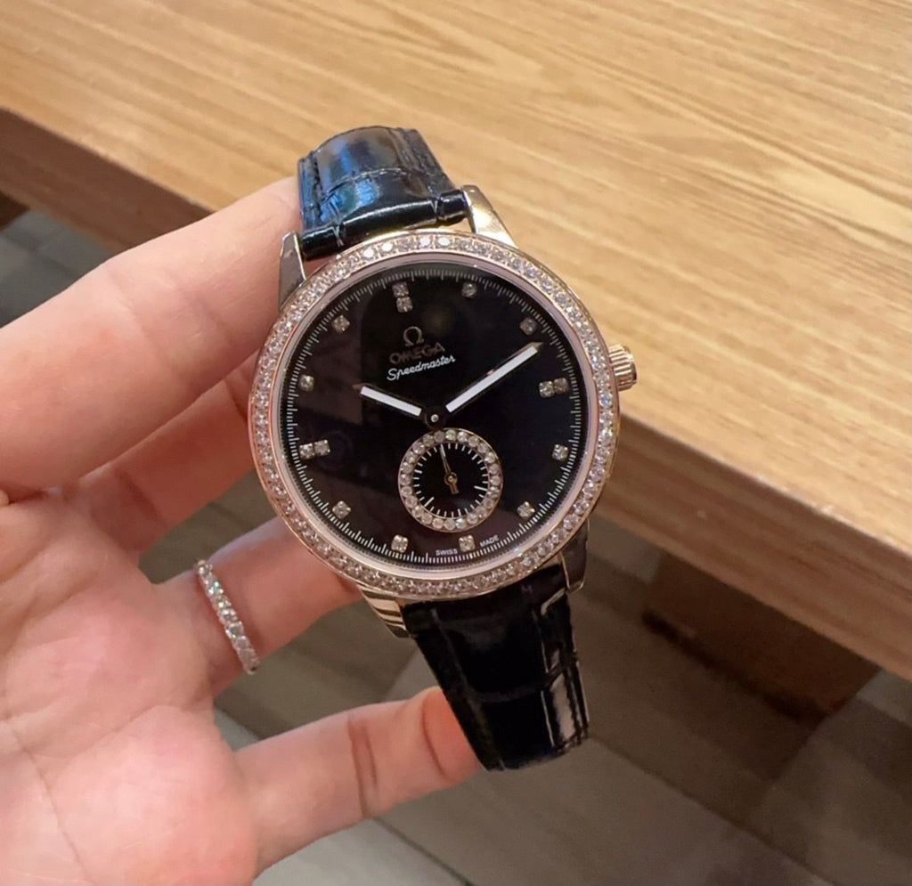 Omega De Ville Prestige Black Dial Diamond Bezel Diamond Hour Markers Small Seconds Rose Gold Case Black Crocodile Leather Strap Ladies Watch (Custom)