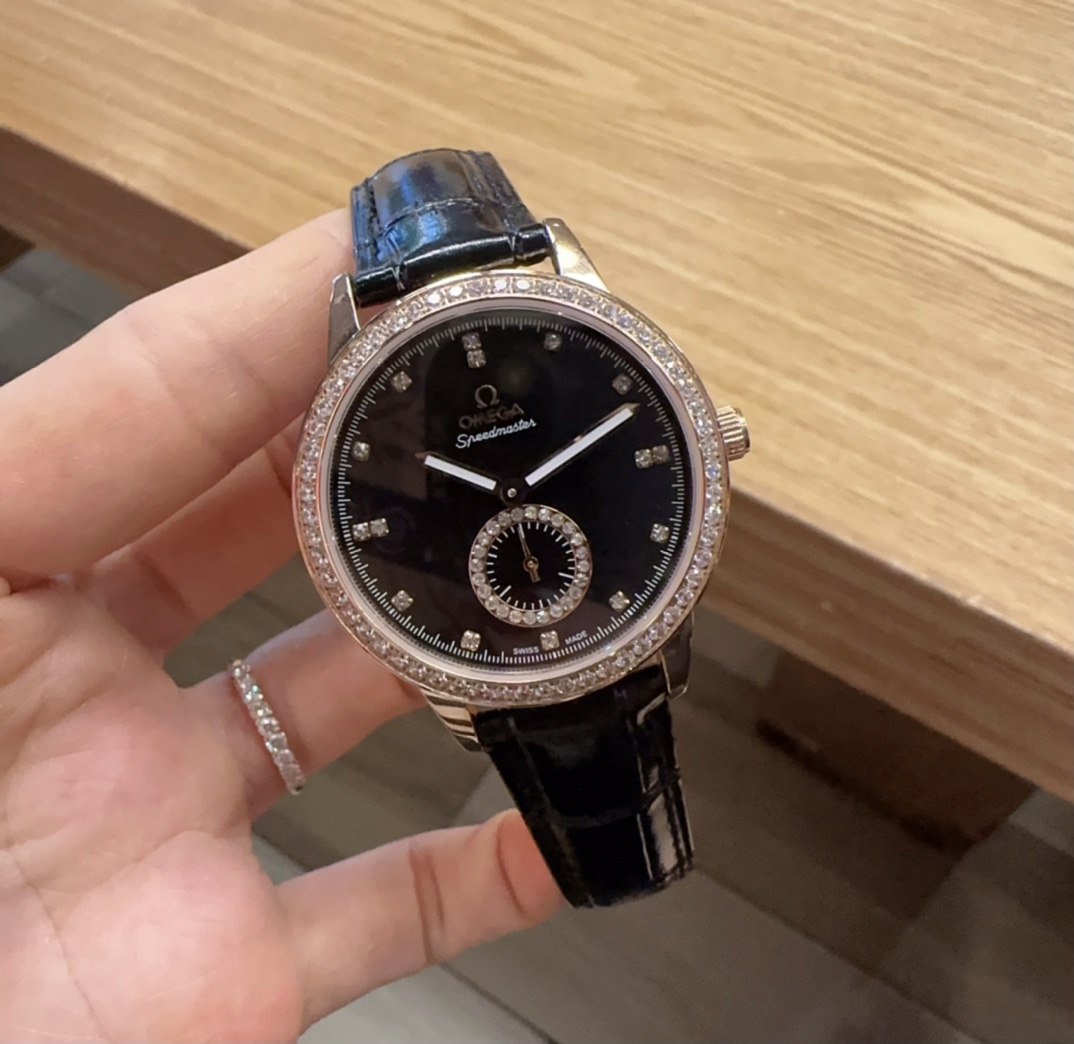 Omega De Ville Prestige Black Dial Diamond Bezel Diamond Hour Markers Small Seconds Rose Gold Case Black Crocodile Leather Strap Ladies Watch (Custom)