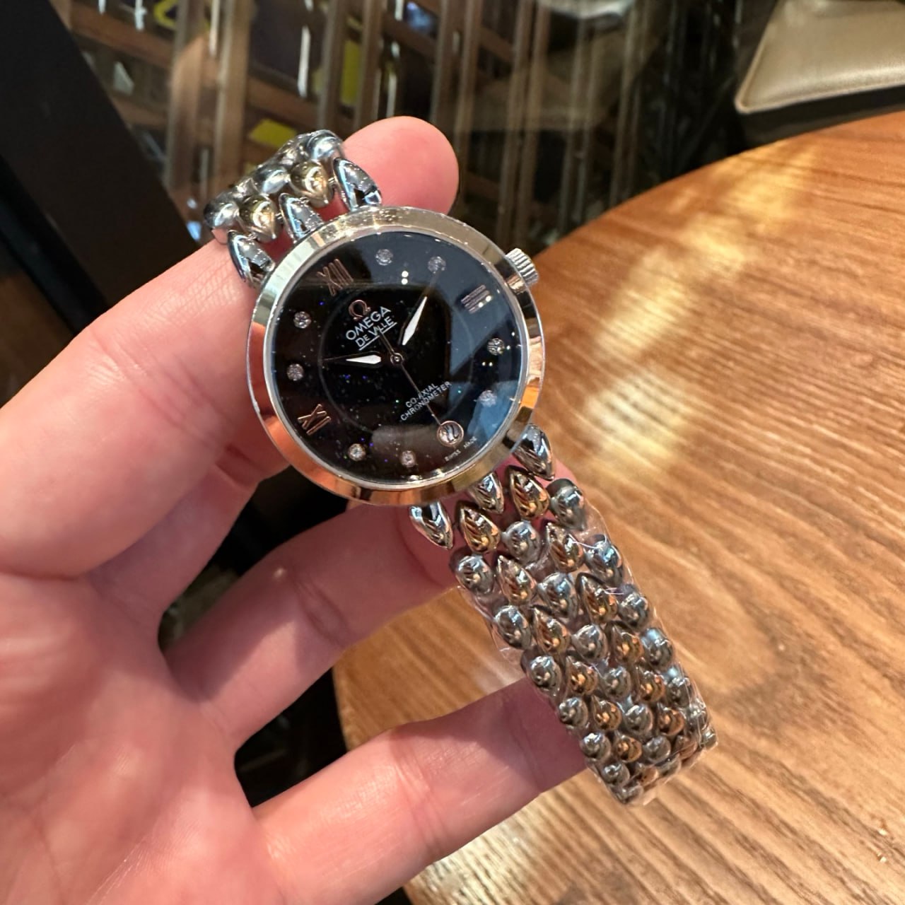 Omega De Ville Prestige Co-Axial Chronometer Black Starry Sky Dial Diamond Markers Roman Numerals Rose Gold Hands Panther Bracelet Ladies Watch (Custom)