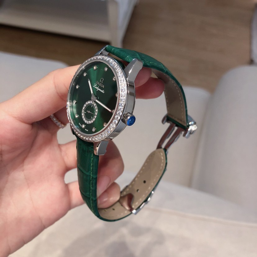 Omega De Ville Ladymatic Emerald Green Dial Diamond Bezel Diamond Hour Markers Small Seconds Green Crocodile Strap Ladies Watch (Custom)