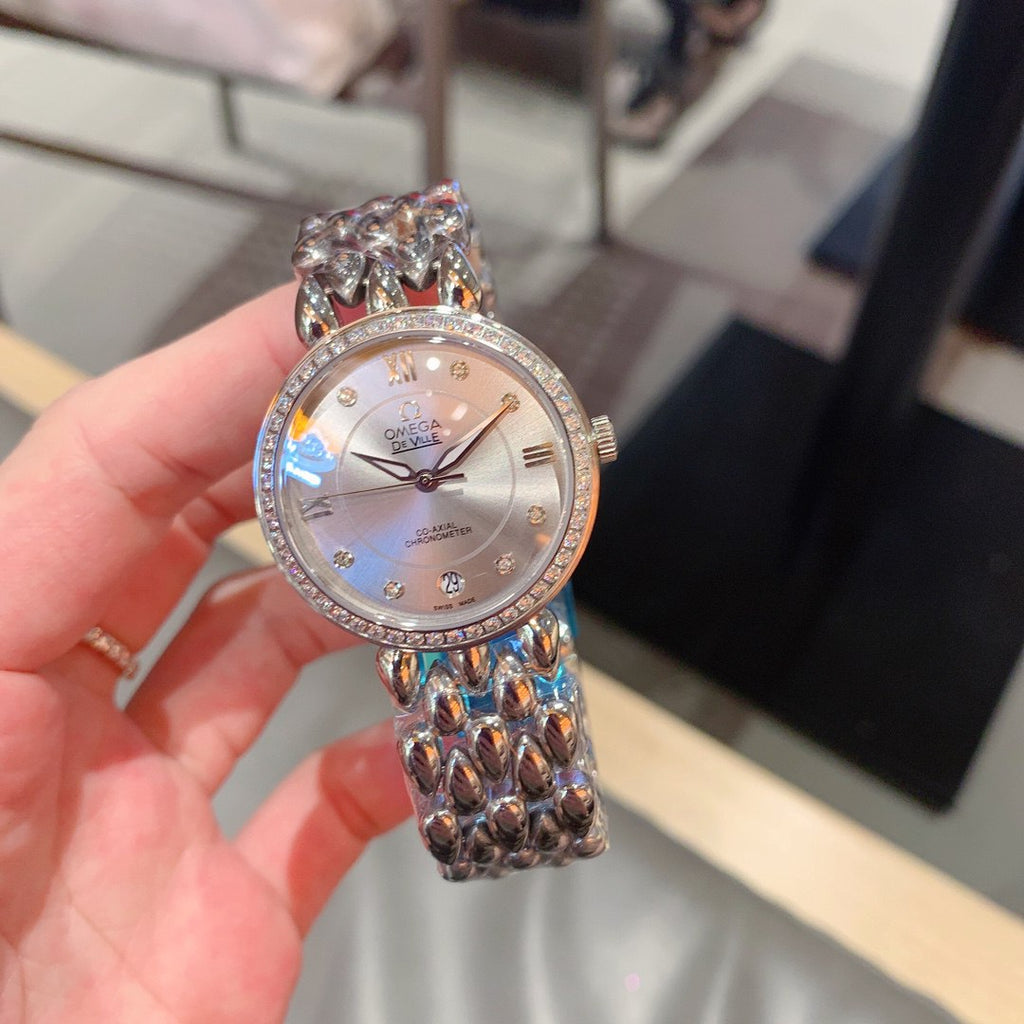 Omega De Ville Prestige Co-Axial Chronometer Silver Mother-of-Pearl Dial Diamond Bezel Diamond Markers Blue Cabochon Crown Panther Bracelet Ladies Watch (Custom)