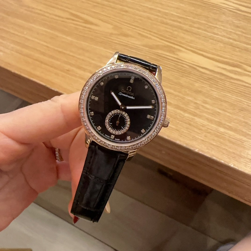 Omega De Ville Prestige Black Dial Diamond Bezel Diamond Hour Markers Small Seconds Rose Gold Case Black Crocodile Leather Strap Ladies Watch (Custom)