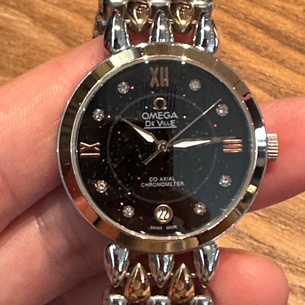 Omega De Ville Prestige Co-Axial Chronometer Black Starry Sky Dial Diamond Markers Roman Numerals Rose Gold Hands Panther Bracelet Ladies Watch (Custom)