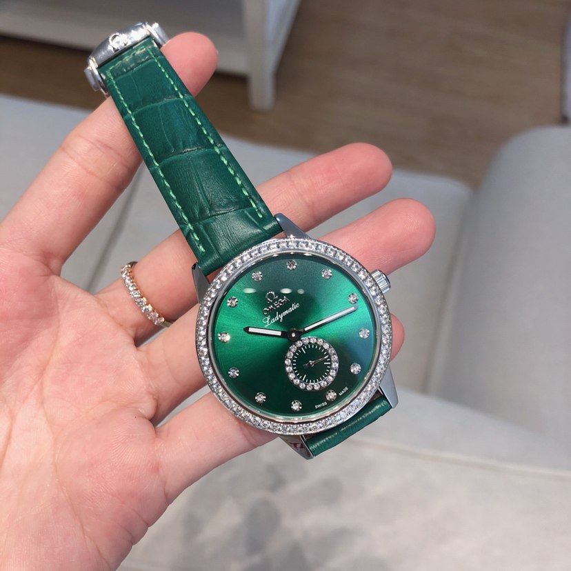 Omega De Ville Ladymatic Emerald Green Dial Diamond Bezel Diamond Hour Markers Small Seconds Green Crocodile Strap Ladies Watch (Custom)