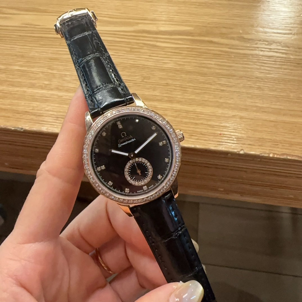 Omega De Ville Prestige Black Dial Diamond Bezel Diamond Hour Markers Small Seconds Rose Gold Case Black Crocodile Leather Strap Ladies Watch (Custom)