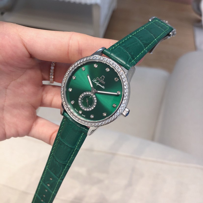 Omega De Ville Ladymatic Emerald Green Dial Diamond Bezel Diamond Hour Markers Small Seconds Green Crocodile Strap Ladies Watch (Custom)