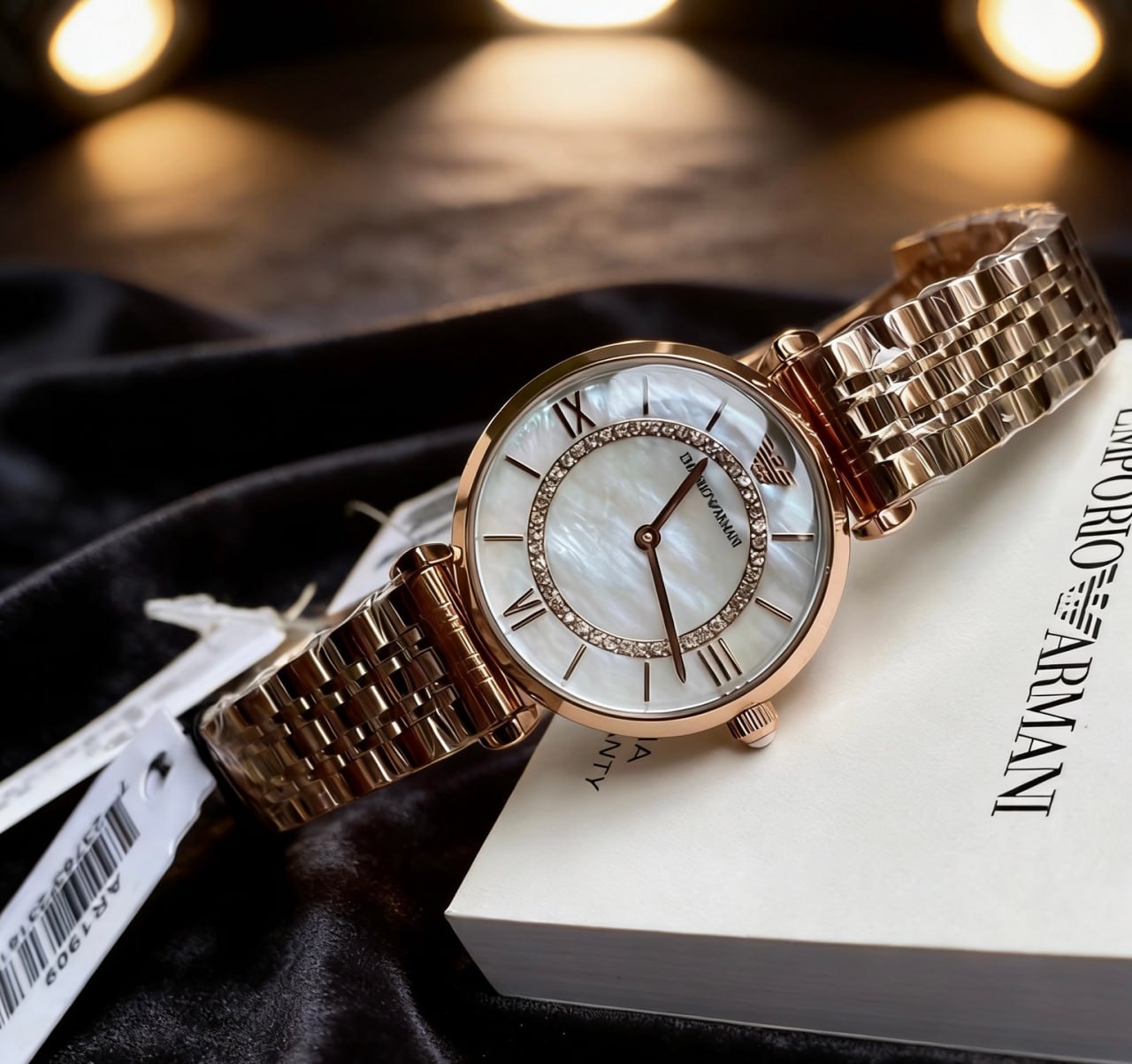 Emporio Armani AR1909 Mother of Pearl Dial Crystal Inner Bezel Roman Numeral Rose Gold Bracelet Ladies Watch