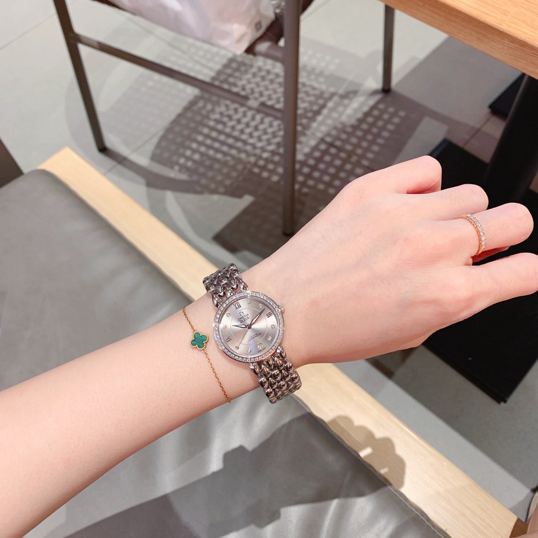 Omega De Ville Prestige Co-Axial Chronometer Silver Mother-of-Pearl Dial Diamond Bezel Diamond Markers Blue Cabochon Crown Panther Bracelet Ladies Watch (Custom)