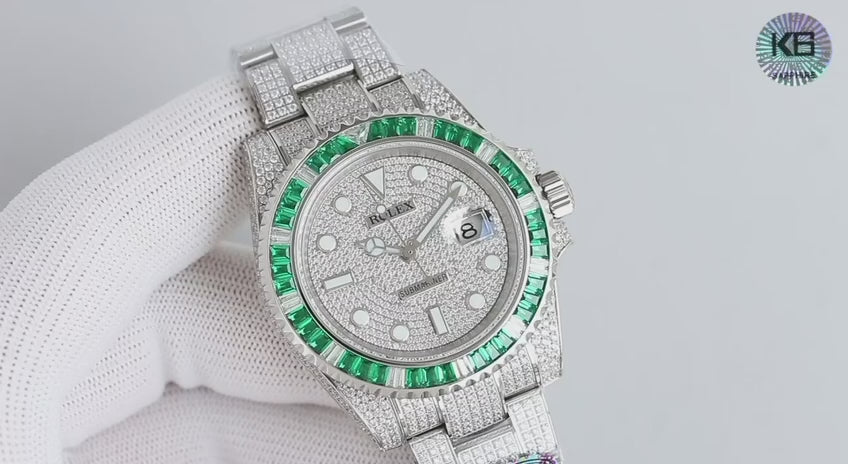Rolex Submariner Date Full Diamond Emerald Baguette Bezel Pavé Dial & Bracelet White Gold Jewellery Watch (Custom)