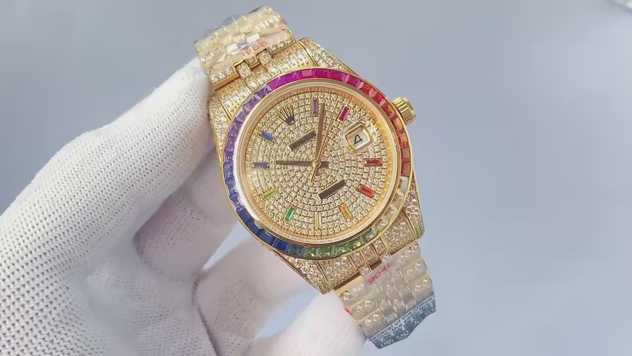 Rolex Datejust 41 Yellow Gold Full Diamond Pavé Dial Rainbow Baguette Bezel Iced Out Bracelet Watch (Custom)