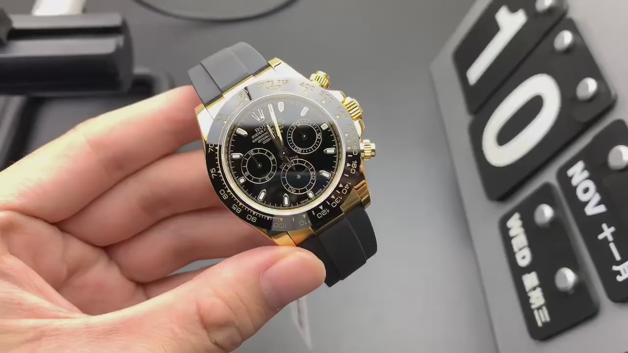 Rolex Daytona Yellow Gold Black Ceramic Bezel Black Dial Rubber Strap Chronograph Watch 116518LN (Custom)