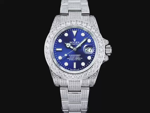 Rolex Submariner Date Full Iced Out Diamond Bezel & Bracelet Blue Dial White Gold Watch (Custom)