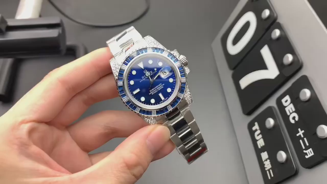 Rolex Submariner Date Blue Sapphire Baguette Bezel Diamond Bracelet Blue Dial White Gold Watch (Custom)