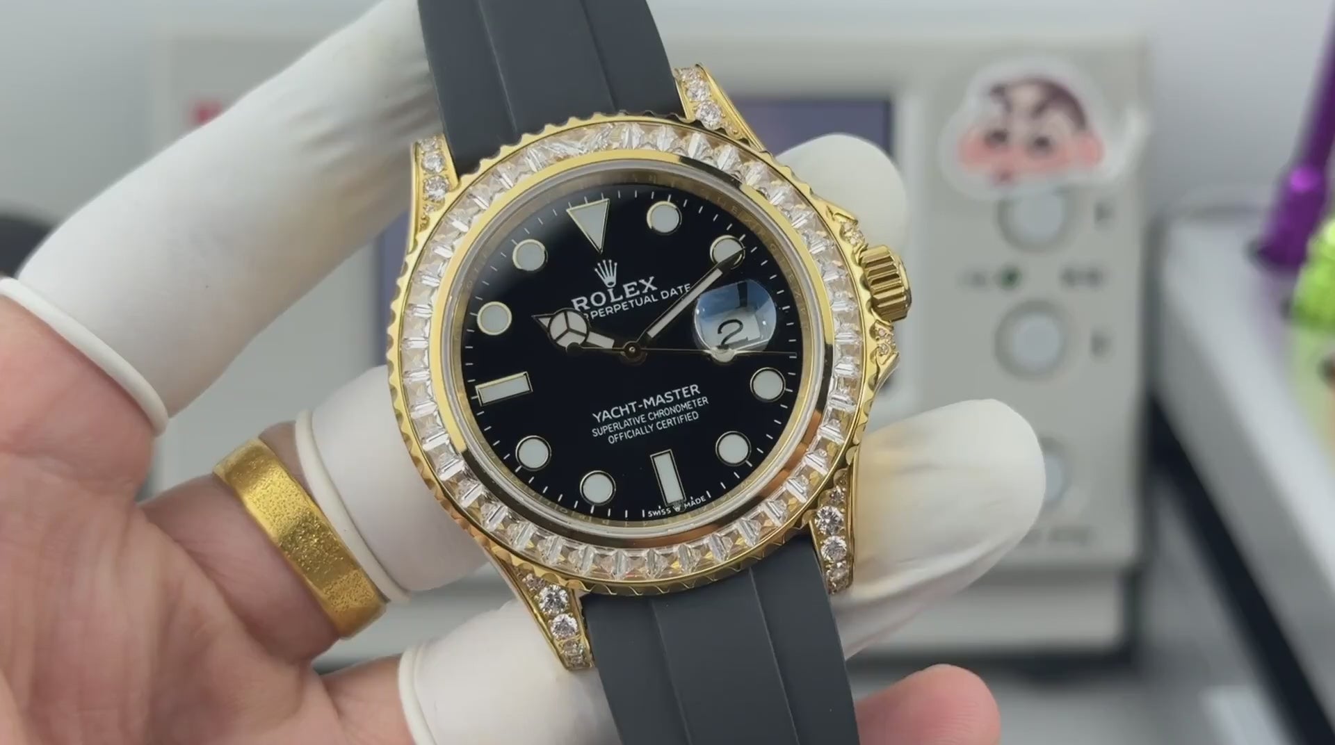 Rolex Yacht-Master 40 Yellow Gold Baguette Diamond Bezel Black Dial Rubber Strap Watch (Custom)