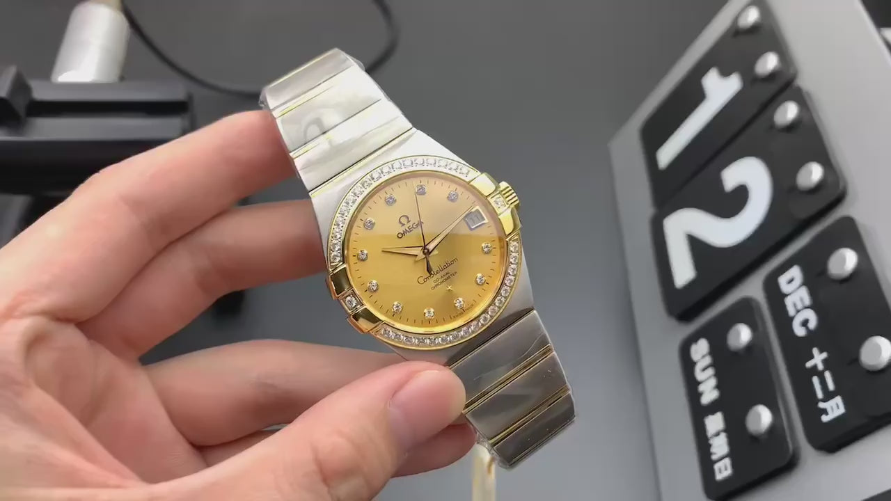 Omega Constellation Co-Axial Champagne Diamond Dial & Bezel Two-Tone Gold Steel Watch (Custom)