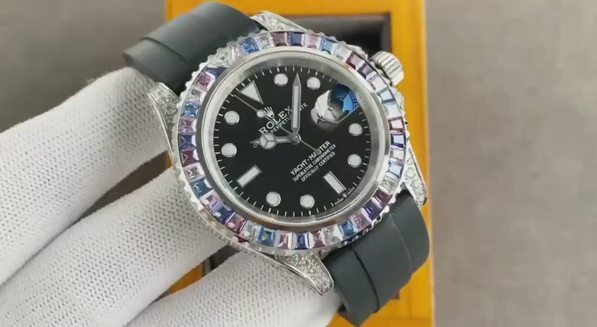 Rolex Yacht-Master 40 White Gold Rainbow Sapphire Baguette Bezel Diamond Lugs Black Dial Rubber Strap Watch (Custom)