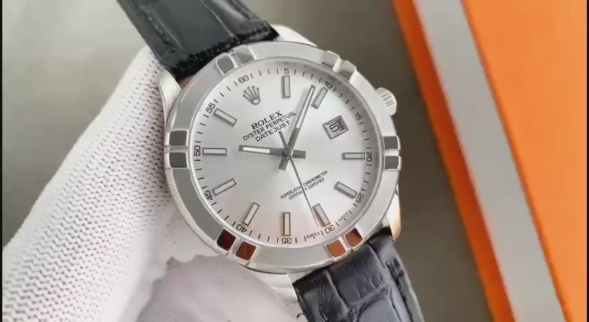 Rolex Datejust 36 Silver Dial Engine-Turned Bezel Black Crocodile Leather Strap Stainless Steel Watch (Custom)