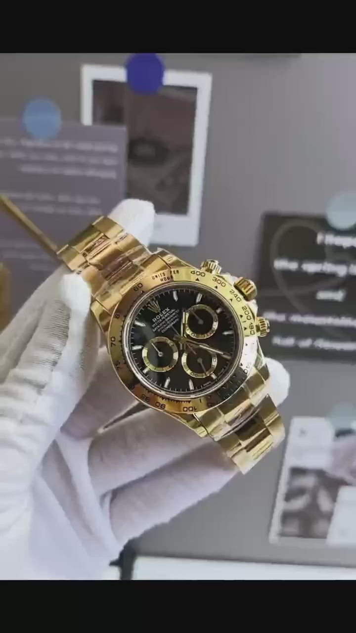Rolex Daytona Full Yellow Gold Black Dial Gold Subdials Oyster Bracelet Chronograph Watch 116508 (Custom)