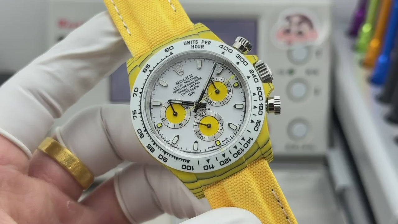 Rolex Daytona DIW Yellow Carbon Fibre Case White Dial Yellow Subdials Canvas Strap Chronograph Watch (Custom)