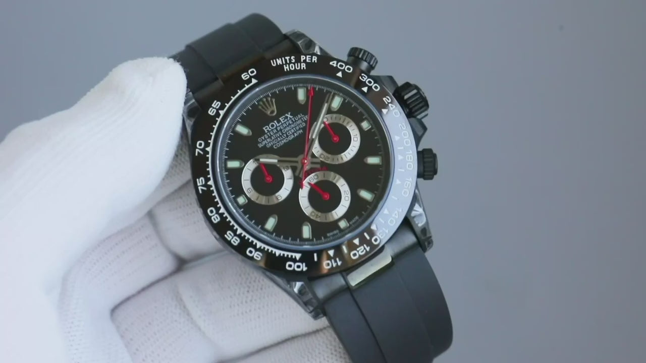 Rolex Daytona Full Black DLC Coated Black Ceramic Bezel Black Dial Red Hands Rubber Strap Chronograph Watch (Custom)
