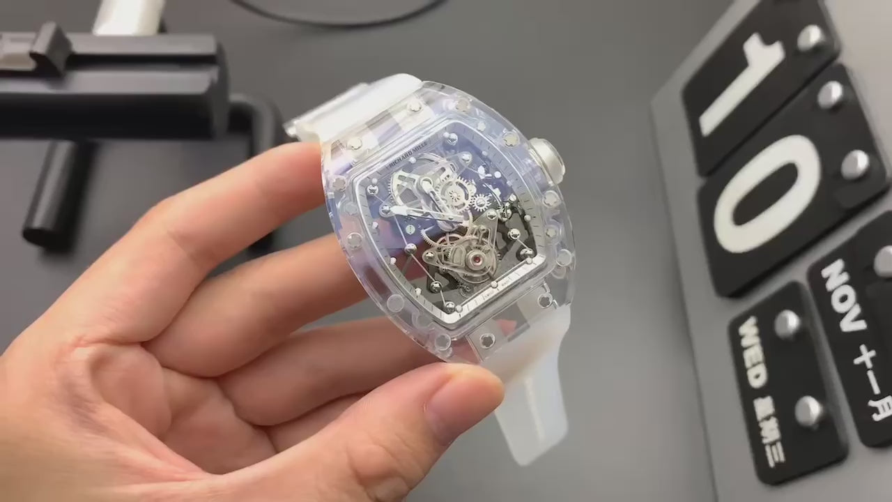 Richard Mille RM056 Full Sapphire Crystal Case Skeleton Tourbillon White Rubber Strap Watch (Custom)