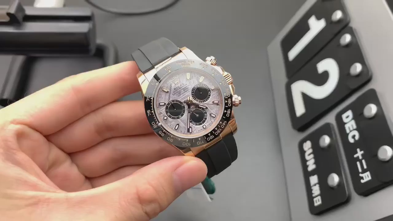 Rolex Daytona Rose Gold Meteorite Dial Black Ceramic Bezel Rubber Strap Chronograph Watch (Custom)