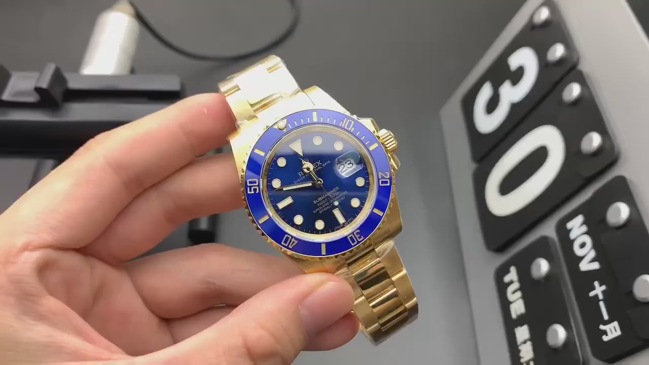 Rolex Submariner Date Yellow Gold Blue Ceramic Bezel Blue Dial Full Gold Bracelet Watch (Custom)