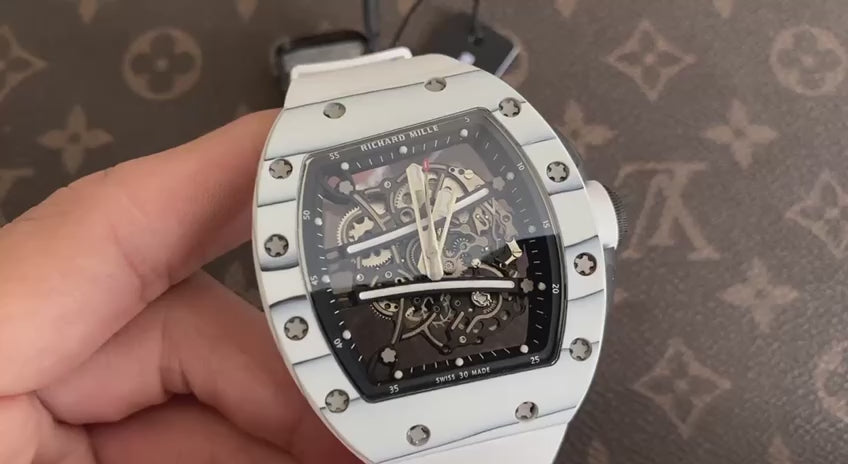 Richard Mille RM055 All White Ceramic Case Skeleton Automatic White Rubber Strap Watch (Custom)