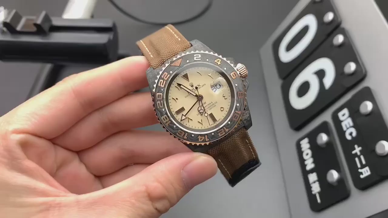Rolex GMT-Master II Carbon Fibre Case Cream Dial Brown Black Ceramic Bezel Canvas Strap Arabic Numerals (Custom)