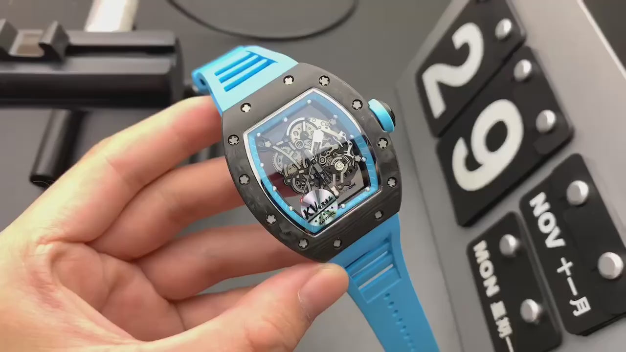 Richard Mille RM055 Carbon Fibre Skeleton Tourbillon Blue Rubber Strap Watch (Custom)