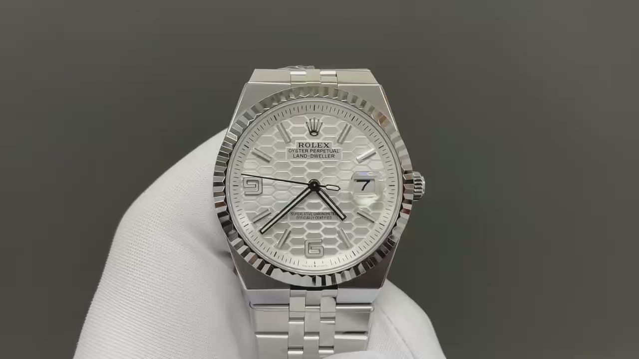 Rolex Oyster Perpetual Land-Dweller Silver Honeycomb Dial Fluted Bezel Jubilee Bracelet Stainless Steel Watch (Custom)