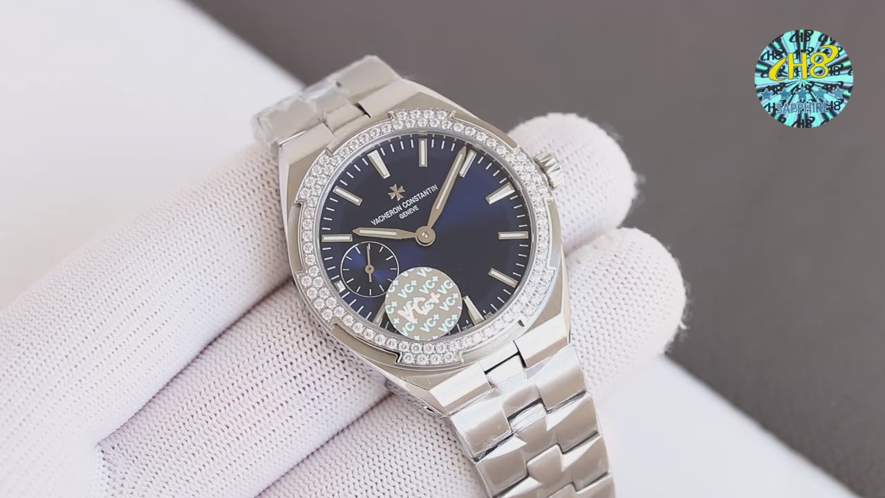 Vacheron Constantin Overseas Blue Dial Diamond Bezel Small Seconds Stainless Steel Bracelet Watch (Custom)